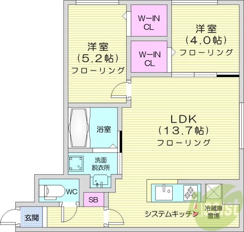 2LDK、都市ガス、エアコン、追い焚き、システムキッチン