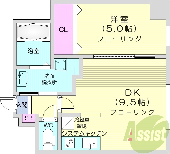 1LDK、角部屋、バストイレ別、エアコン