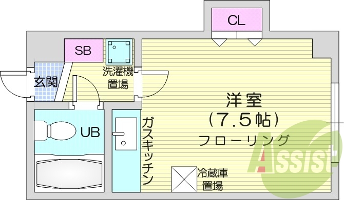 ワンルーム、収納、ガスキッチン、室内洗濯機置場
