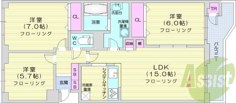3LDK、エアコン、トランクルーム、都市ガス