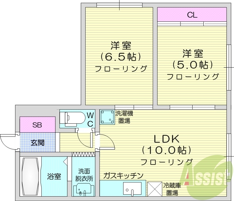 2LDK、バストイレ別、インターネット使用料不要