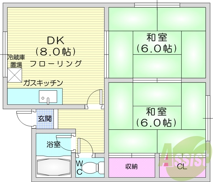 2DK、灯油暖房、トランクルーム、バストイレ別