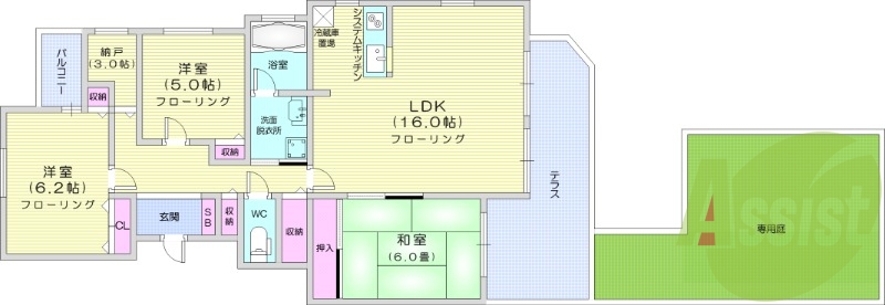 3LDK、独立洗面台、システムキッチン、追い焚き、灯油暖房