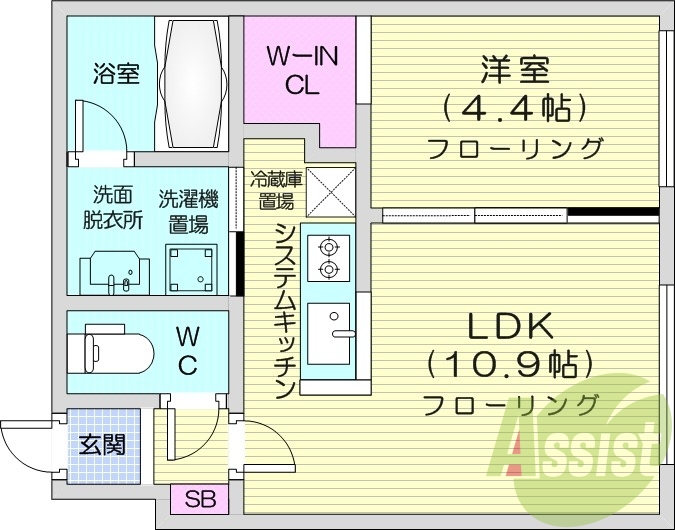 1LDK、エアコン、システムキッチン、独立洗面台