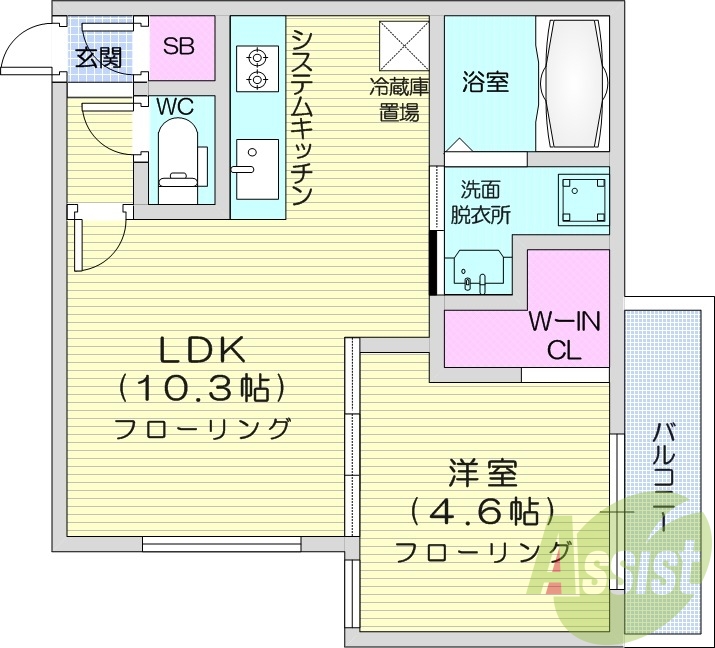 1LDK、エアコン、浴室乾燥機、システムキッチン