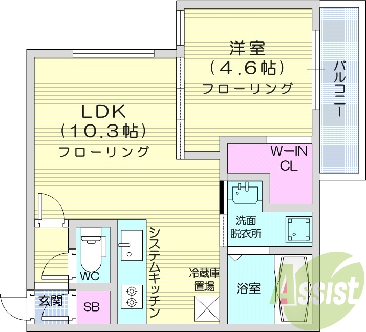 1LDK、エアコン、浴室乾燥機、システムキッチン