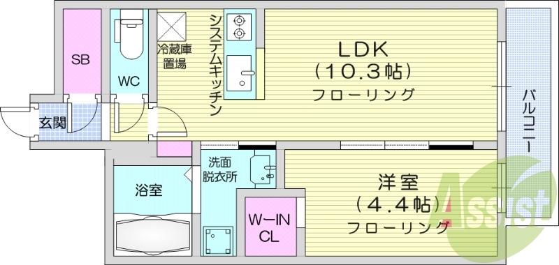 1LDK、エアコン、浴室乾燥機、システムキッチン