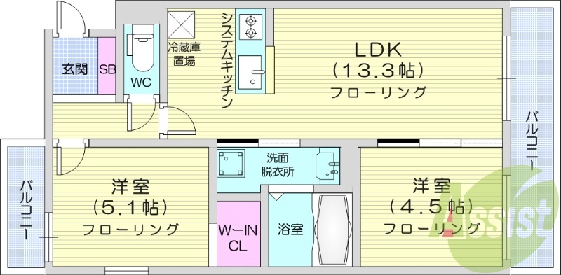 2LDK、エアコン、浴室乾燥機、システムキッチン