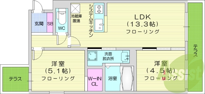 2LDK、エアコン、浴室乾燥機、システムキッチン