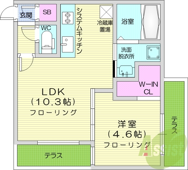 1LDK、エアコン、浴室乾燥機、システムキッチン