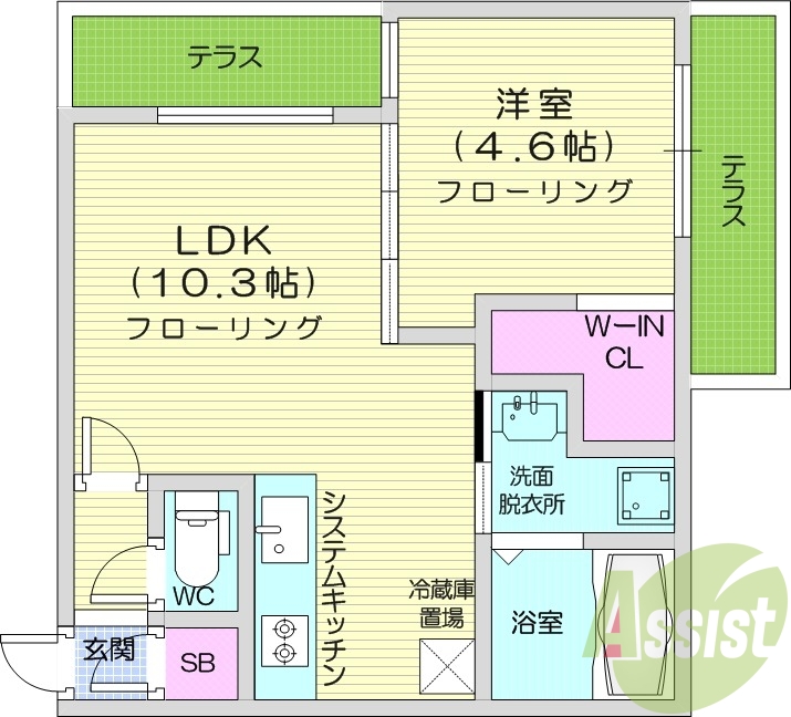 1LDK、エアコン、浴室乾燥機、システムキッチン