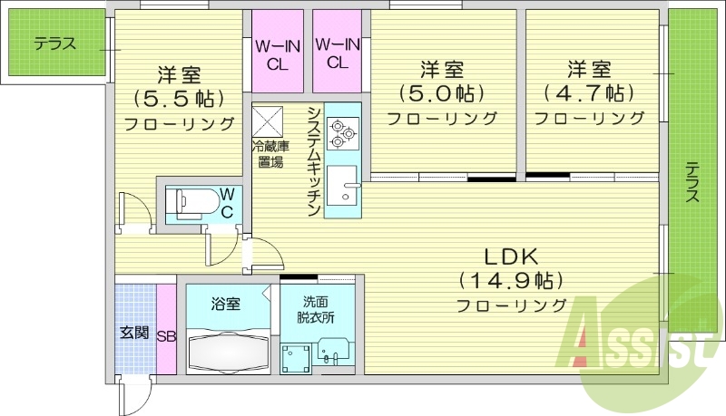 3LDK、エアコン、浴室乾燥機、システムキッチン
