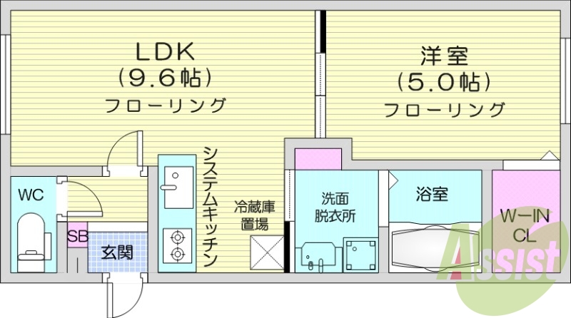 1LDK、都市ガス、エアコン、システムキッチン、浴室乾燥機