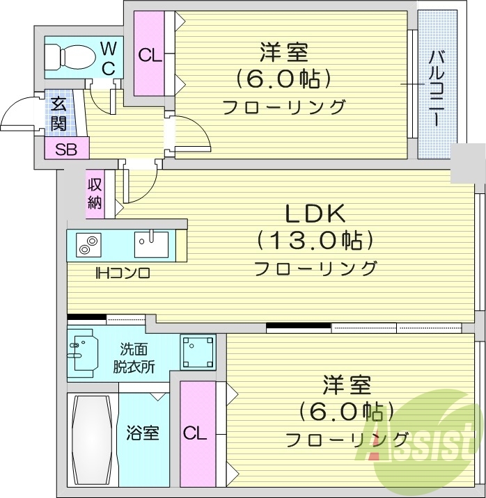 2LDK、クローゼット、シューズボックス、システムキッチン