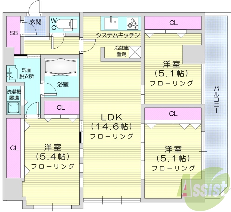 3LDK、都市ガス、追い炊き、システムキッチン、エレベーター