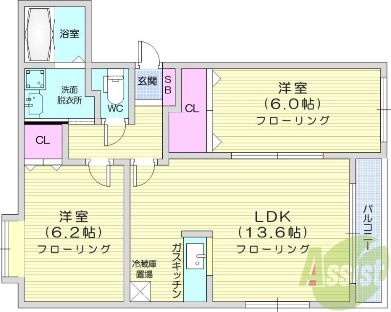 2LDK、対面キッチン、独立洗面台、バルコニー