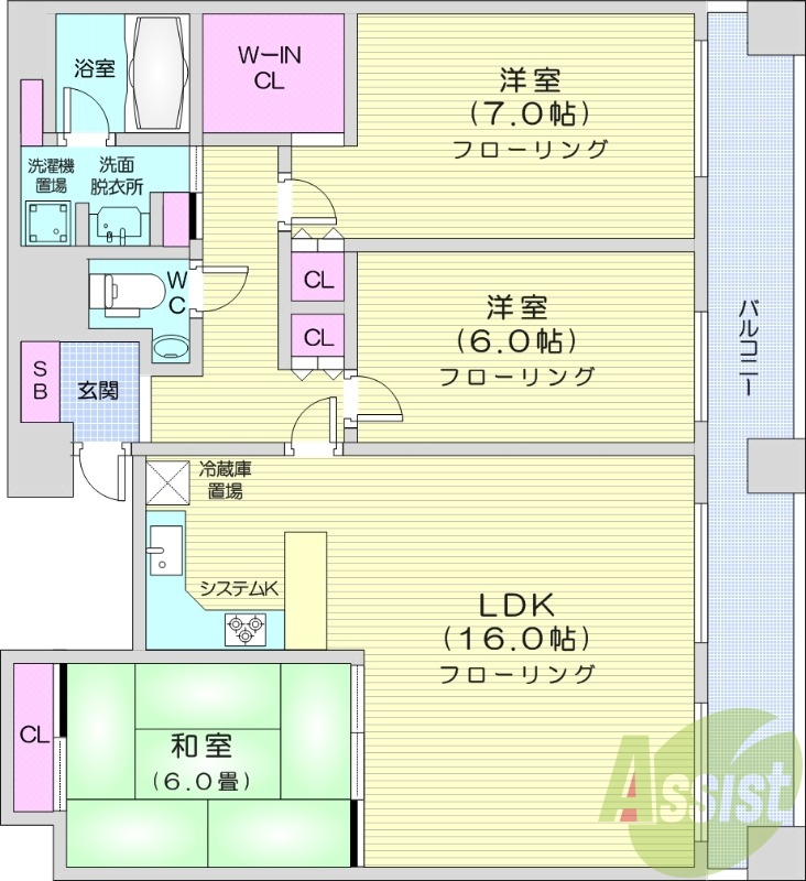 3LDK、都市ガス、エアコン、システムキッチン、独立洗面台