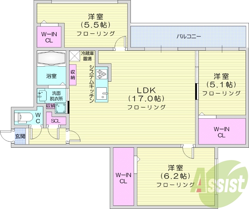 3LDK、エアコン、システムキッチン、独立洗面台