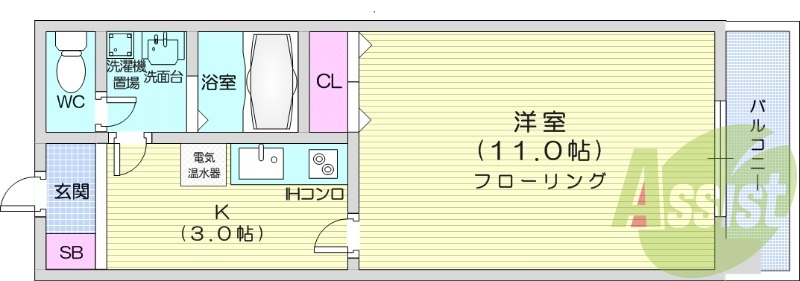 1K、暖房設備、収納、洗濯機置場、オール電化