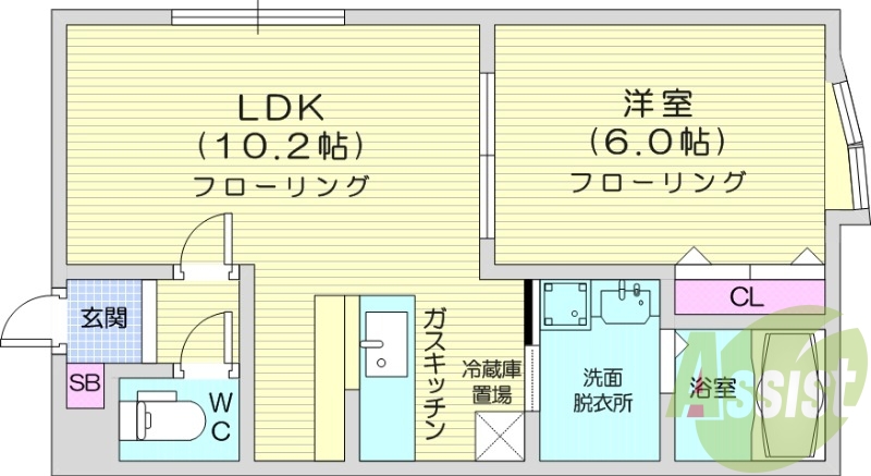 1LDK、灯油暖房、浴室乾燥機、洗髪洗面化粧台