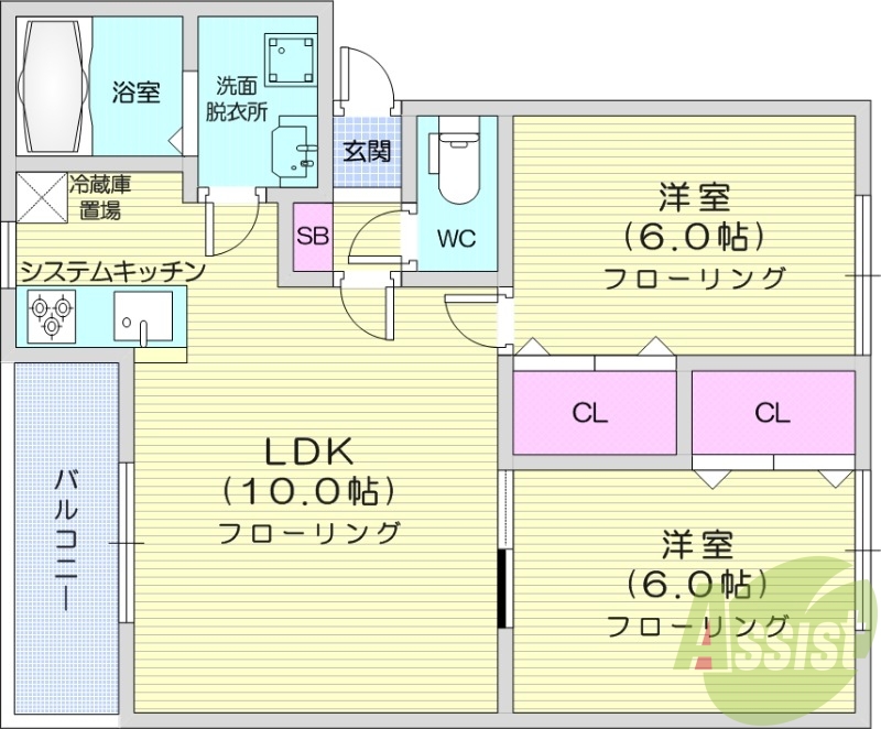 2LDK、シャワートイレ、独立洗面台、システムキッチン