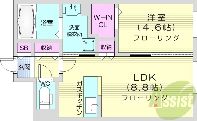 1LDK、エアコン、都市ガス、浴室乾燥機