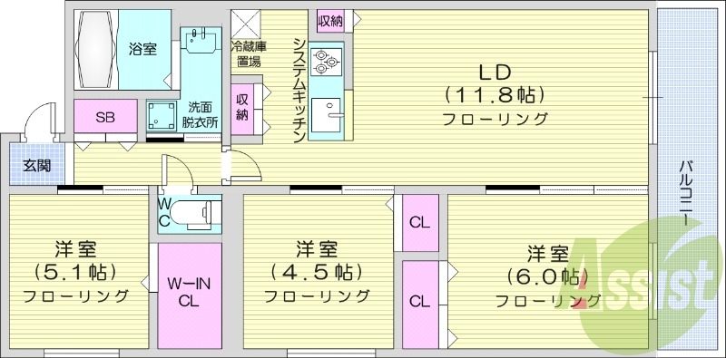 3LDK、エアコン、都市ガス、追い焚き