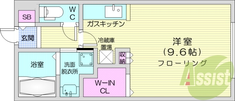 1K、エアコン、都市ガス、浴室乾燥機、ネット無料