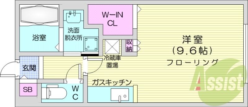 1K、エアコン、都市ガス、浴室乾燥機、ネット無料
