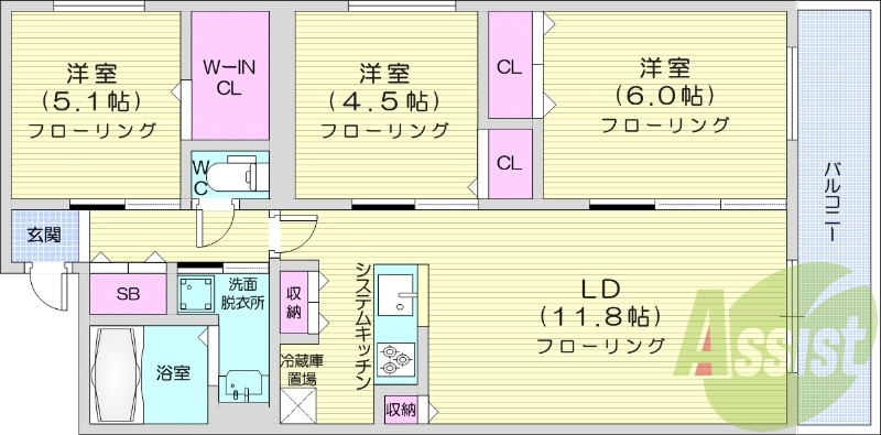 3LDK、エアコン、都市ガス、追い焚き