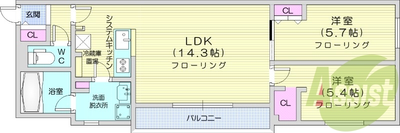 2LDK、エアコン、システムキッチン、オートロック