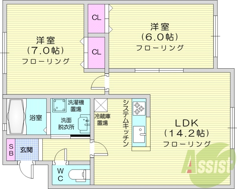 2LDK、トランクルーム、灯油暖房、収納