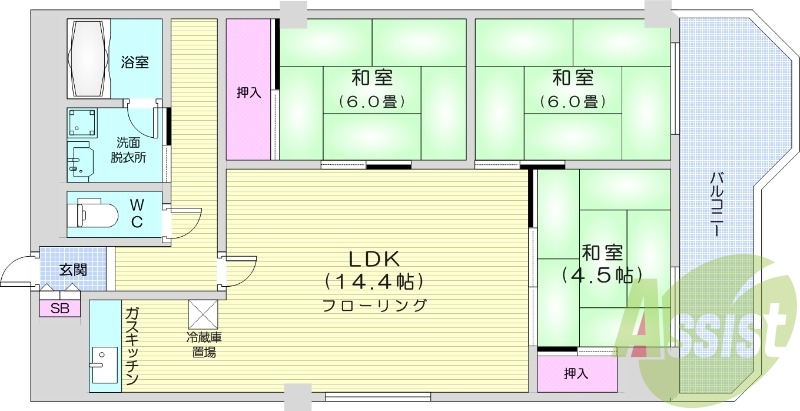 3LDK、都市ガス、エアコン、シャンプードレッサー