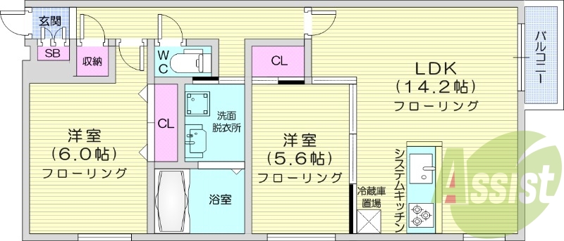 2LDK、システムキッチン、灯油暖房、独立洗面台