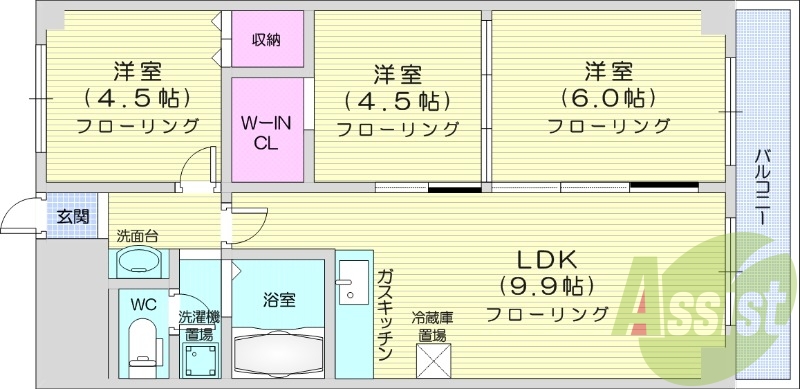 3LDK、ネット無料、エレベーター、独立洗面台