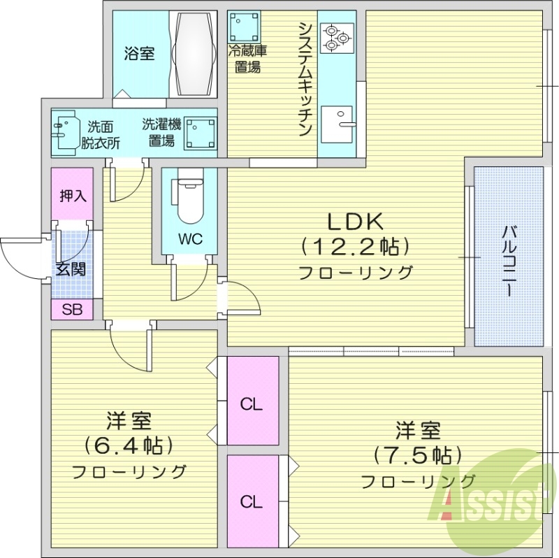 2LDK、システムキッチン、エレベーター、独立洗面台