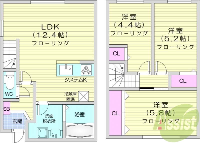 3LDK、エアコン、追い焚き、システムキッチン