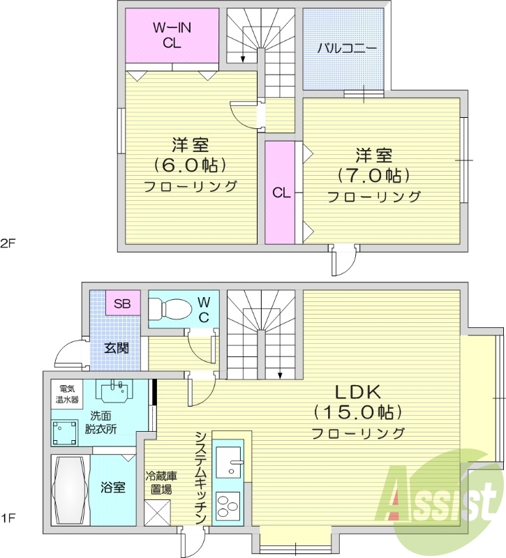 2LDK、システムキッチン、メゾネット、ロードヒーティング