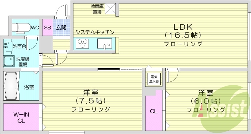 2LDK、独立洗面台、オール電化、バス・トイレ別