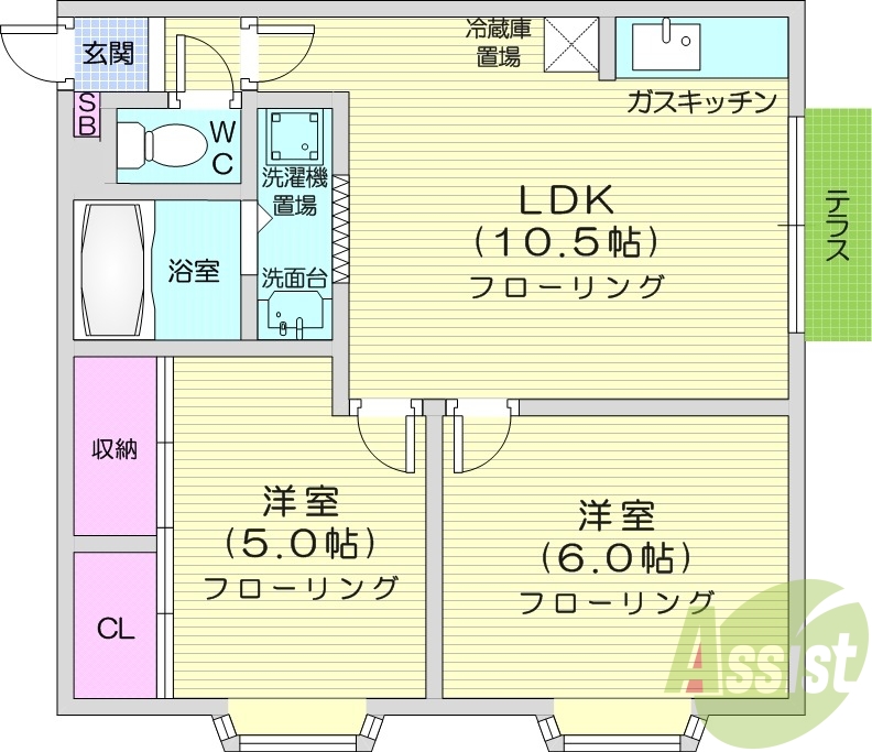 2LDK、灯油暖房、トランクルーム、独立洗面台
