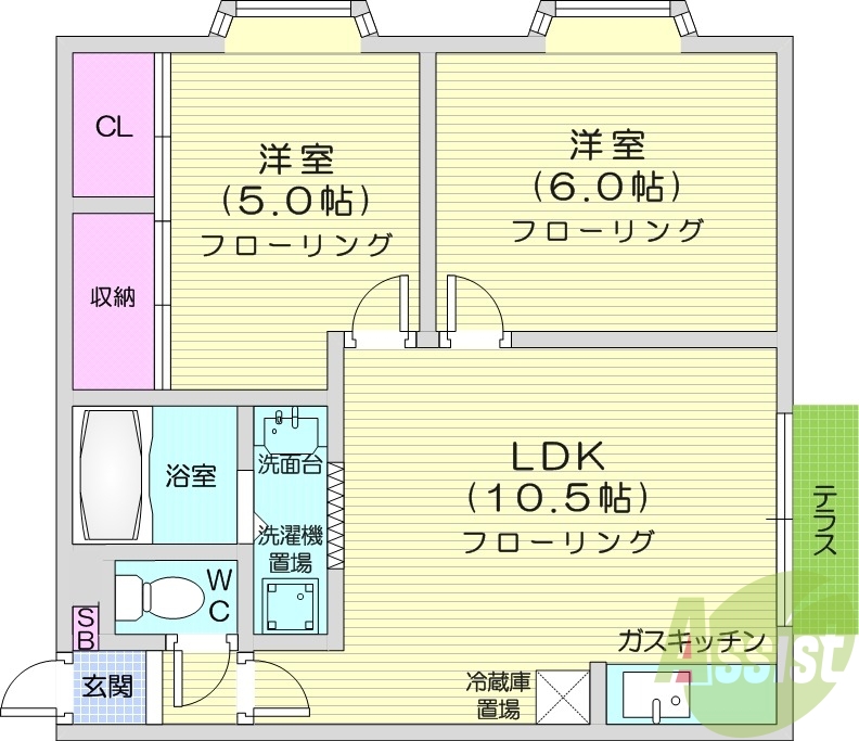 2LDK、灯油暖房、トランクルーム、独立洗面台