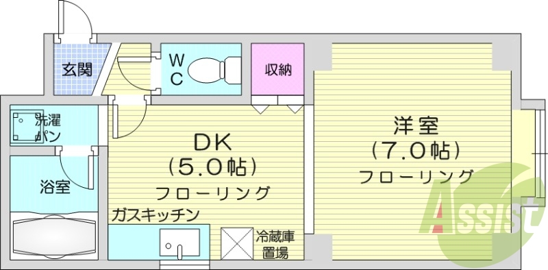 1DK、角部屋、灯油暖房、バストイレ別、収納