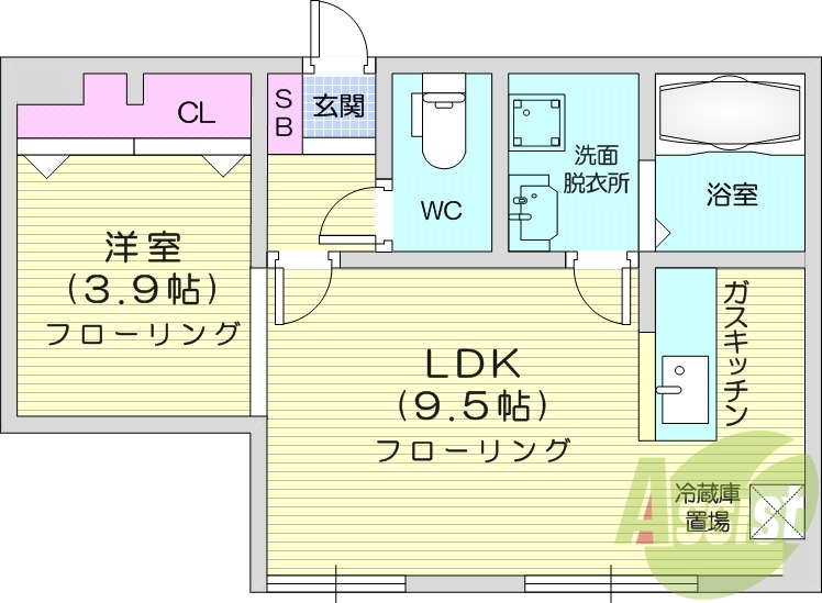 1LDK、バストイレ別、灯油FF暖房、独立洗面台