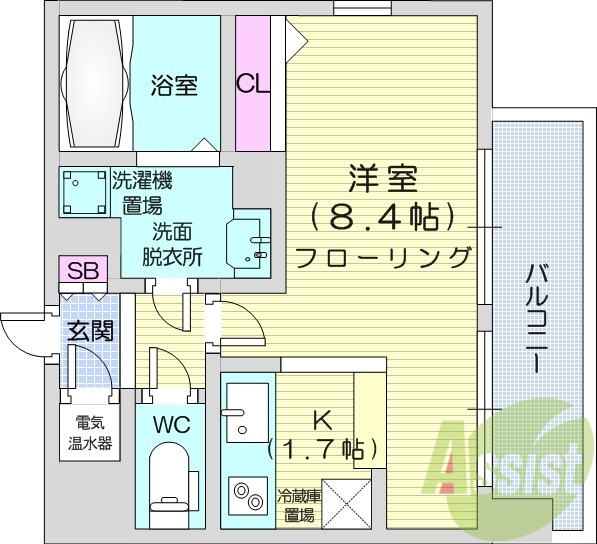 1K、バストイレ別、バルコニー、クローゼット、オール電化