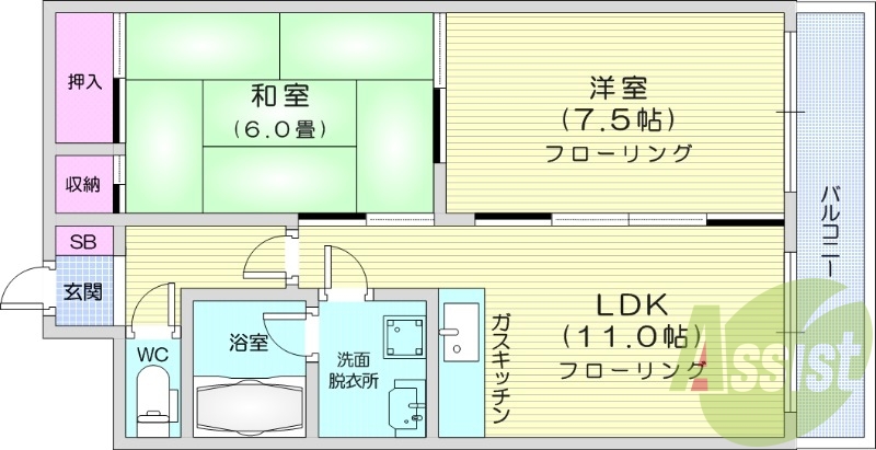 2LDK、エアコン、独立洗面台、ガスキッチン
