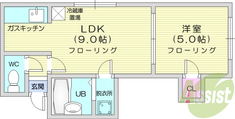 1LDK、バストイレ別、灯油暖房、クローゼット
