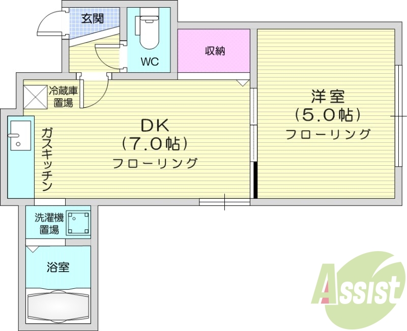 1DK、灯油暖房、独立洗面台、ガスキッチン