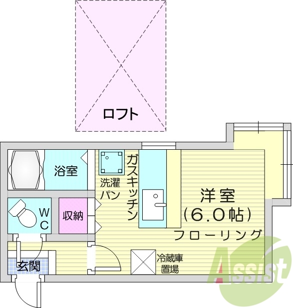 1R、ロフト、バス・トイレ別、都市ガス、カウンターテーブル