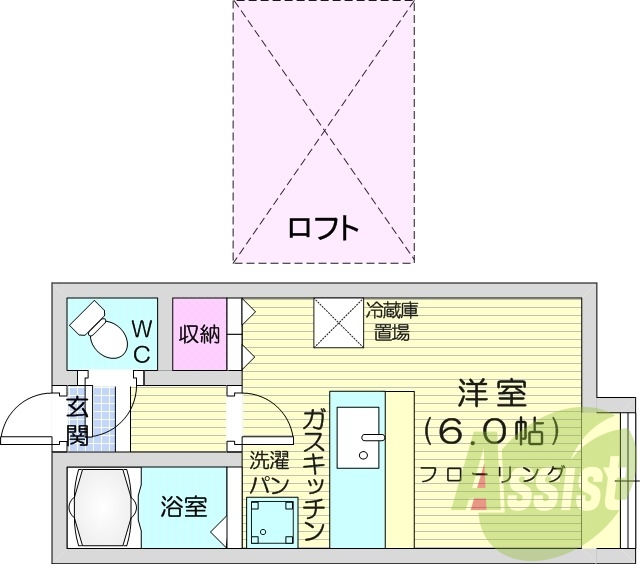 1R、ロフト、バス・トイレ別、都市ガス、カウンターテーブル