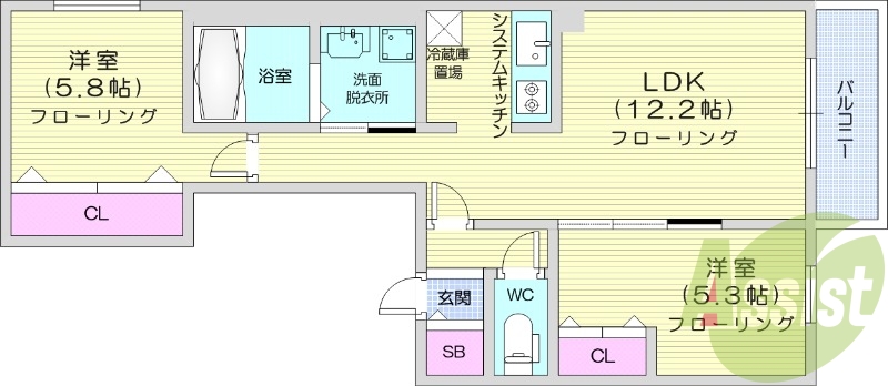 2LDK、エアコン、都市ガス、浴室乾燥機